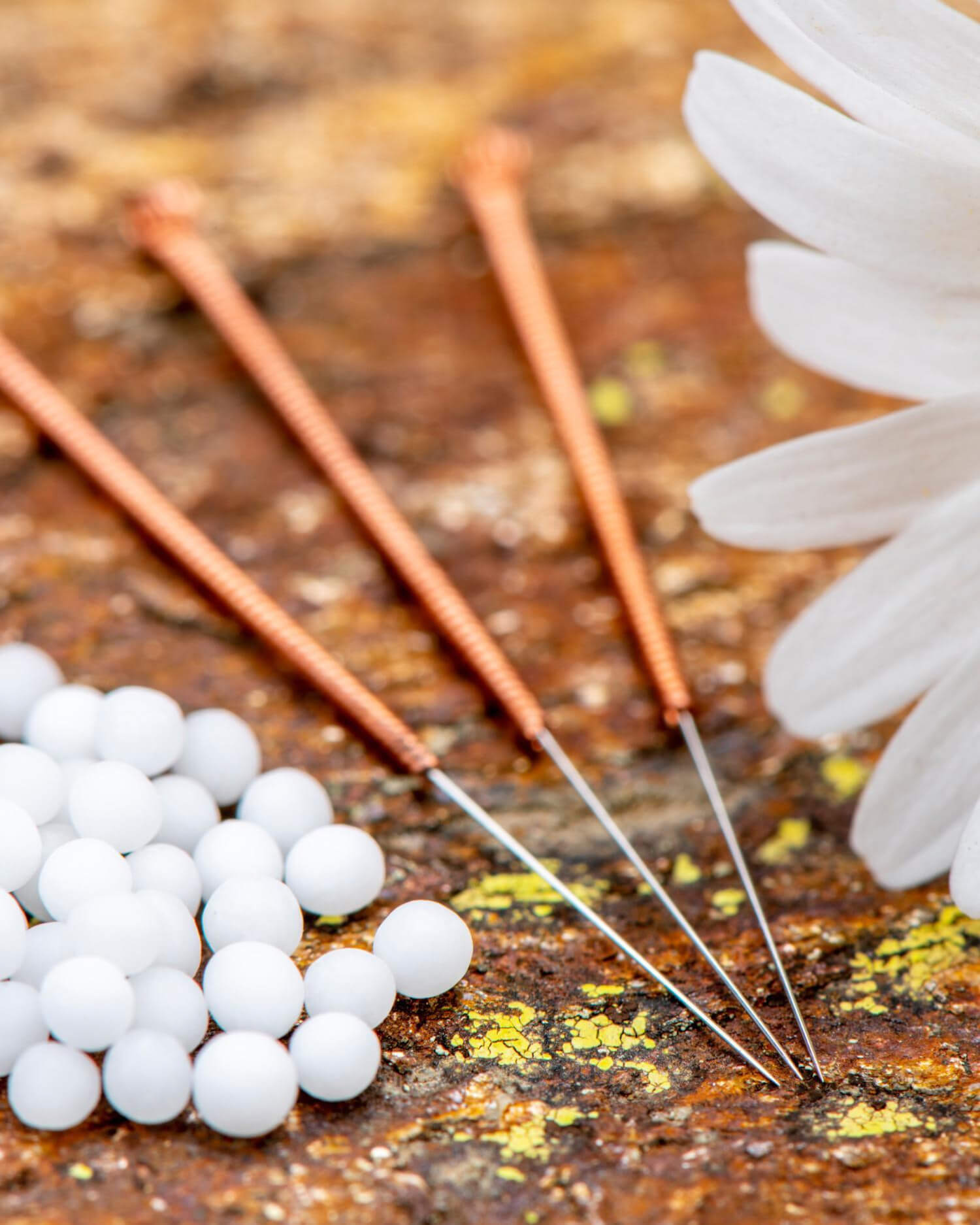 Acupuncture needles and herbs displayed on a table with flower.