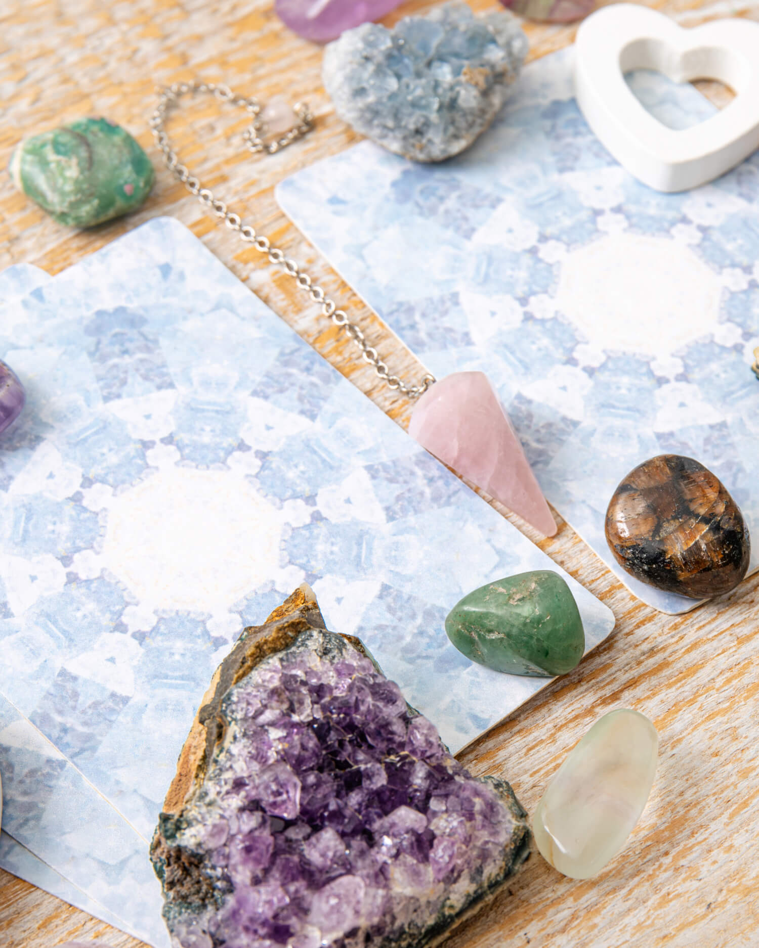 Setup of cards and crystals