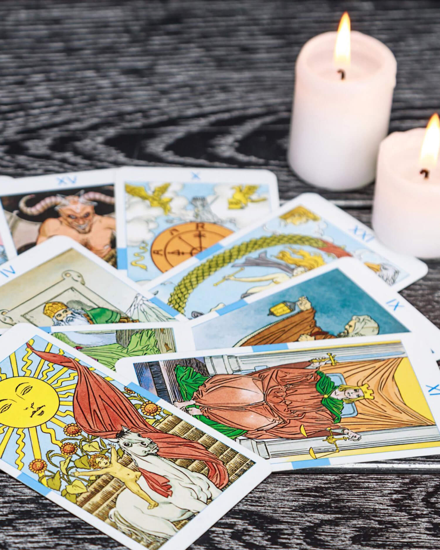 Tarot cards and blue crystals.