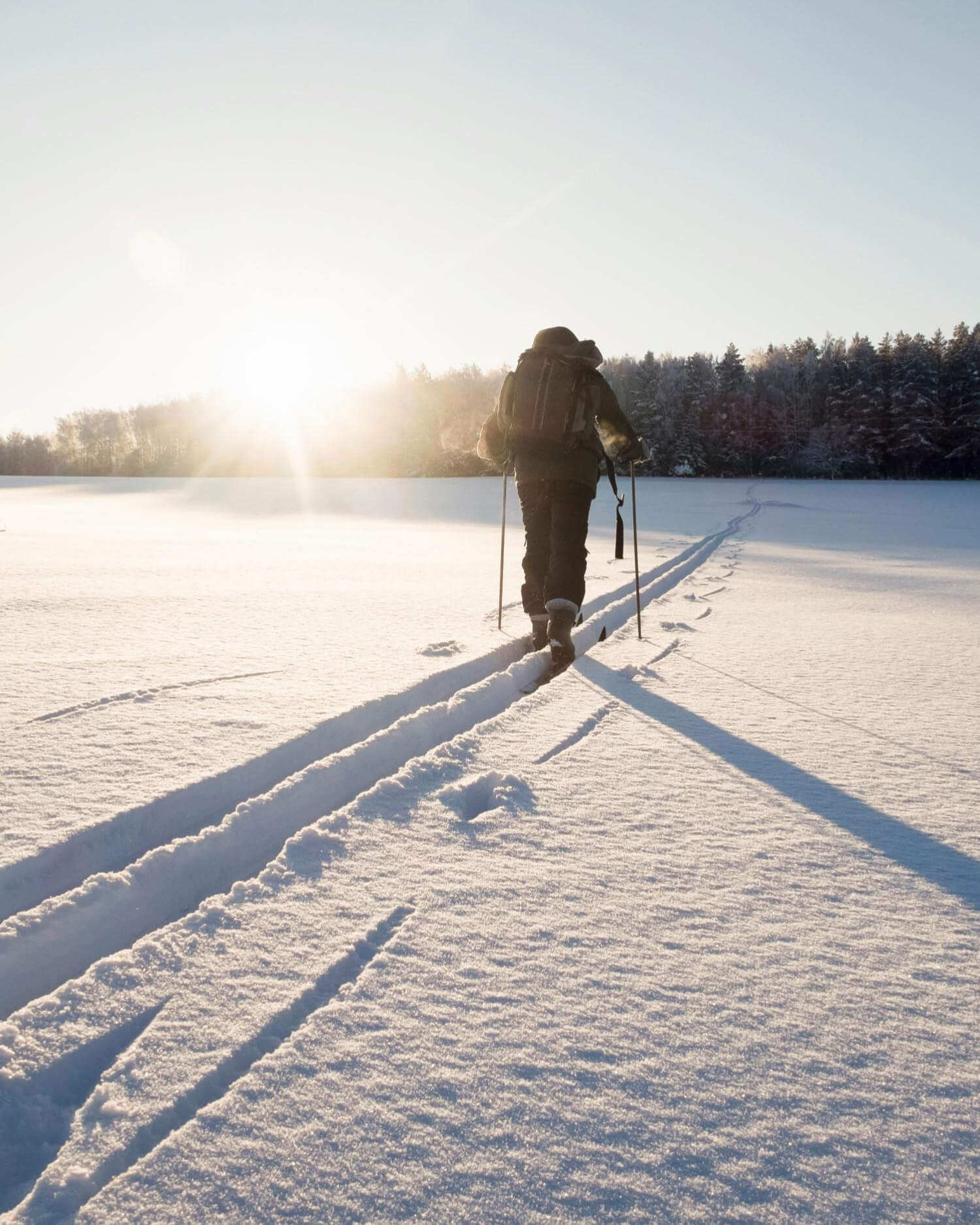 Person cross country skiing at sunset.
